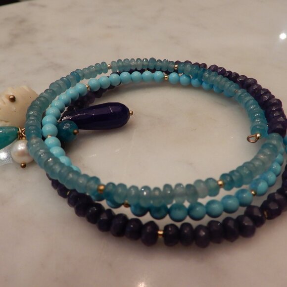 Spiral Blue Beaded Bangle Bracelet - Picture 2 of 3